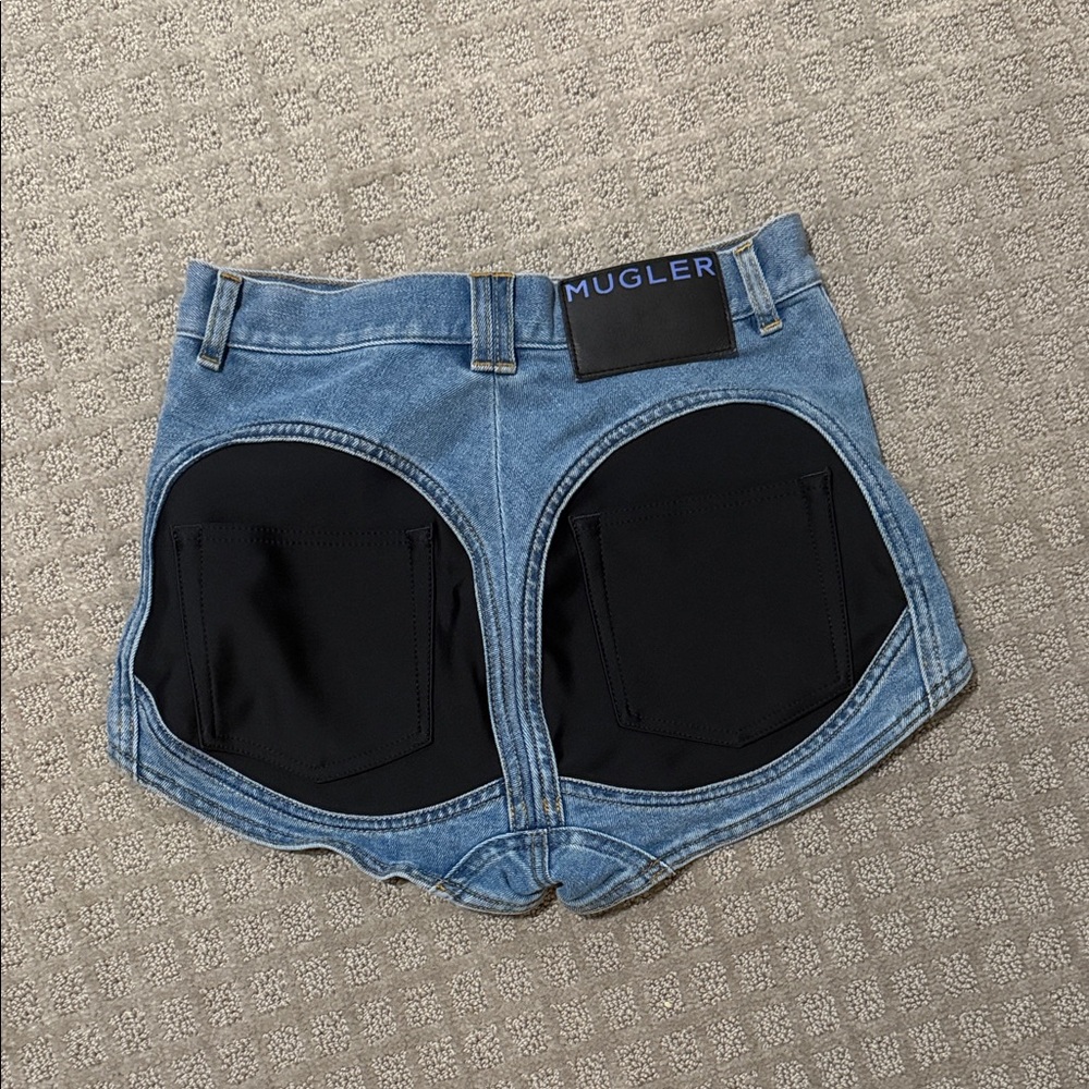 Mugler Light Blue Denim Shorts with Black Circular Back Panels